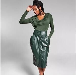 Jeannie Mai X INC Jagger Faux-Leather Draped Midi Skirt